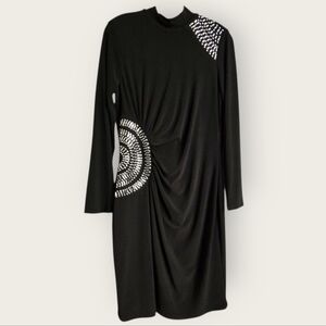 Frank Lyman Design Silver and Black Asymmetrical Ruched Midi Dress, Size 12
